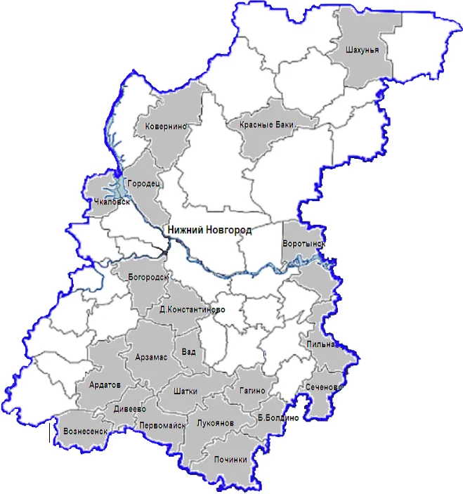 Районы Нижегородской области, в которых были проведены антропометрические обследования сельских школьников для разработки оценочных таблиц физического развития сельских школьников