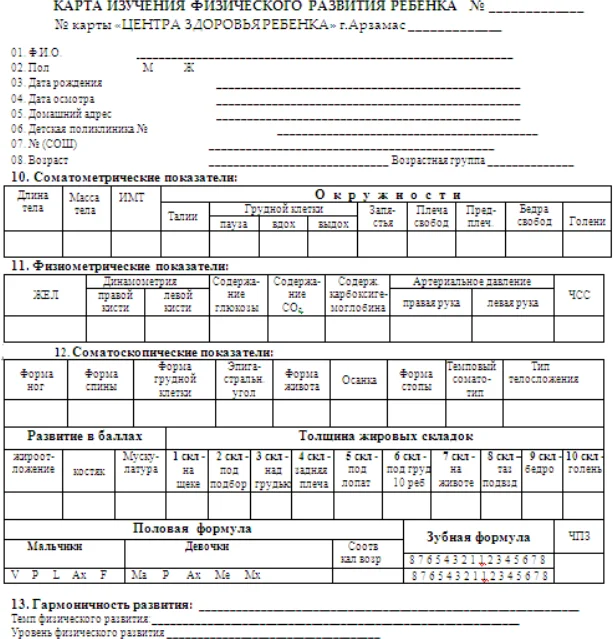 Унифицированная карта изучения физического развития сельских школьников