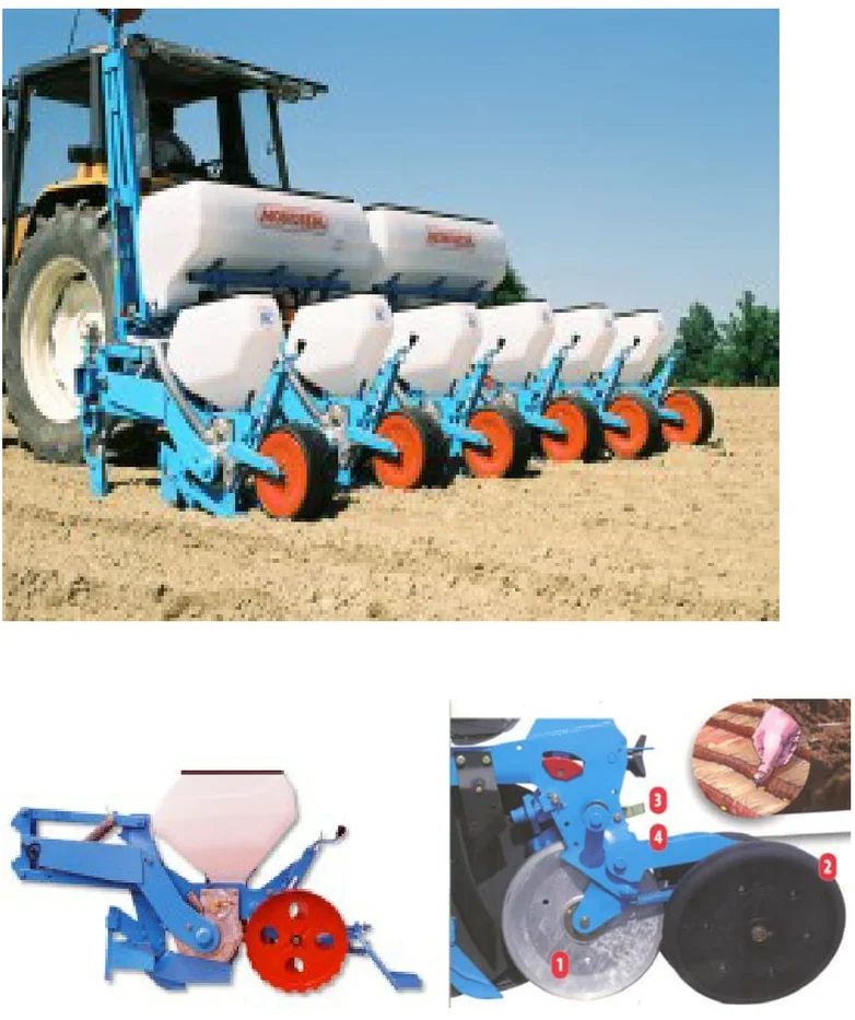 Пневматическая сеялка для заделки семян с сошниками. Дополнительные прикатывающие колеса большого диаметра обеспечивают качественное прикатывание, улучшают заделку и контакт семян с почвой.