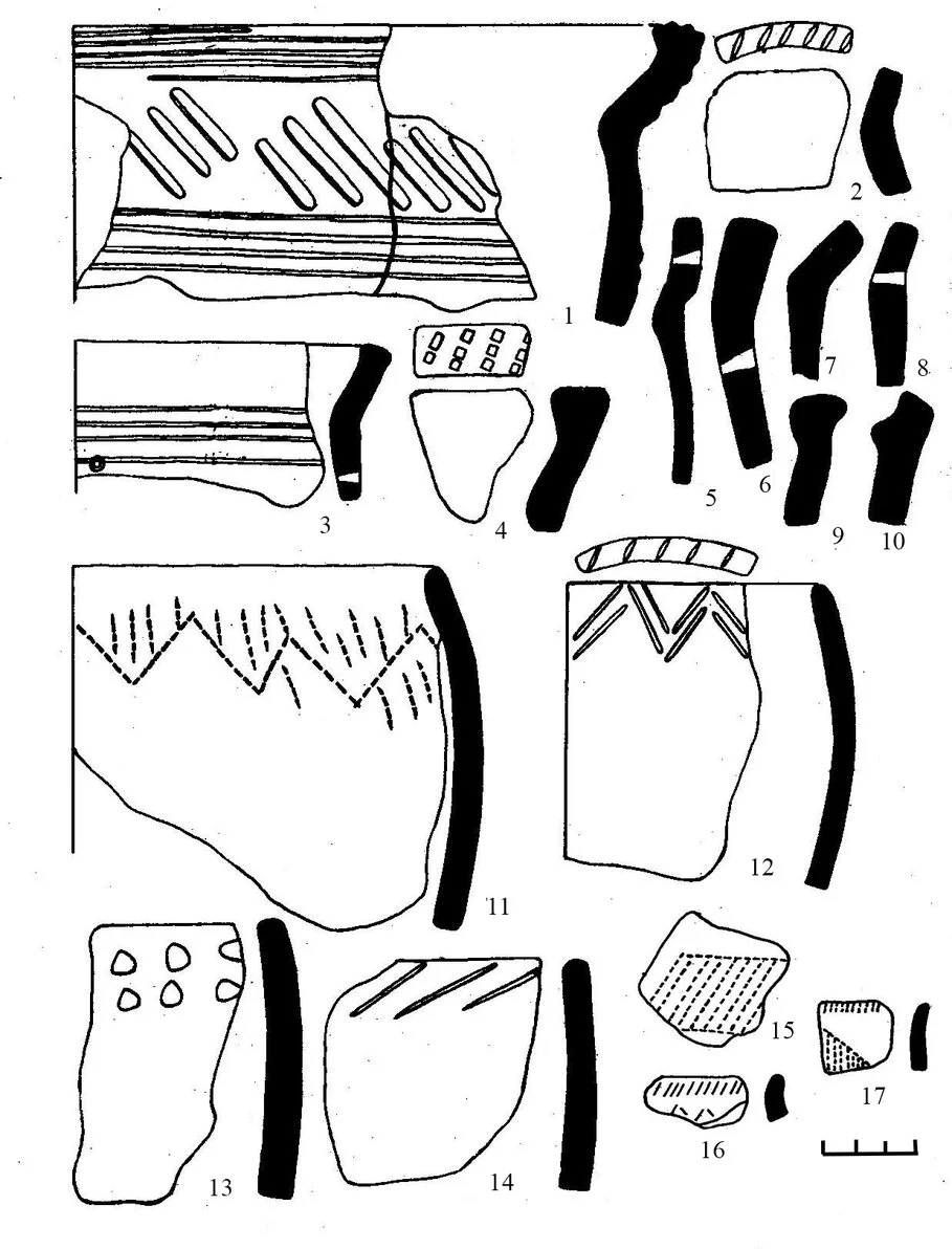 Пензенские поселения: 1-10 — абашеская керамика; 13-14 — срубная керамика; 15-17 — фатьяновская керамика.