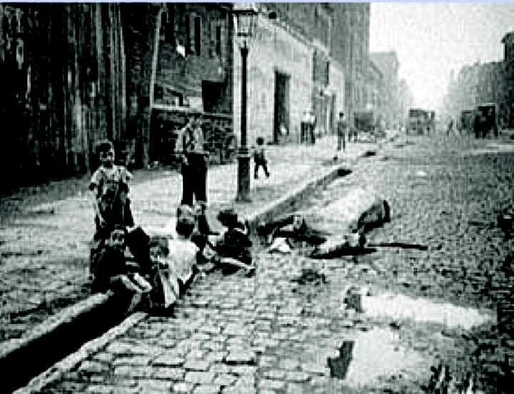 Дети играют на улице возле павшей лошади, Нью-Йорк, начало ХХ века [3].