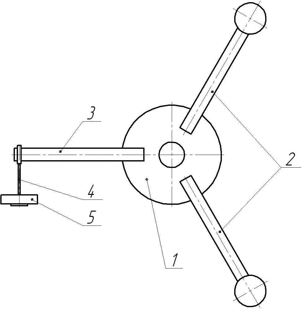 Схема нагружающего устройства: 1 — вал шестерня; 2 — ручка перемещения пиноли; 3 — стержень нагружающего устройства; 4 — подвесная система; 5 — груз.