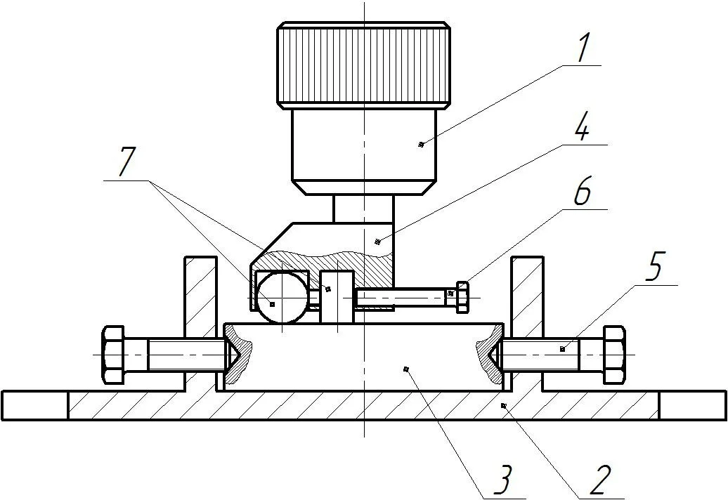 Принципиальная схема трения: 1 — патрон станка; 2 — корпус; 3 — образец неподвижный (шайба); 4 — державка; 5 — крепежный винт корпуса; 6 — винт крепления образцов; 7 — цилиндрический и сферический образец.