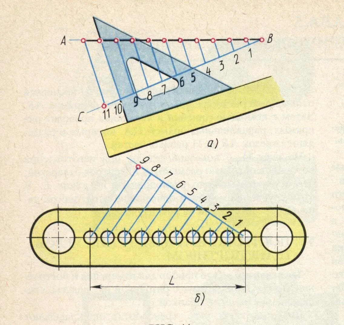 </em> Деление отрезка на любое число равных частей с помощью угольника и линейки: а — деление отрезка на одиннадцать равных частей; б — чертёж детали c десятью отверстиями, выполненный с применением способа деления отрезка L на девять равных частей [19, с. 28, <em>рис. 44</em>]