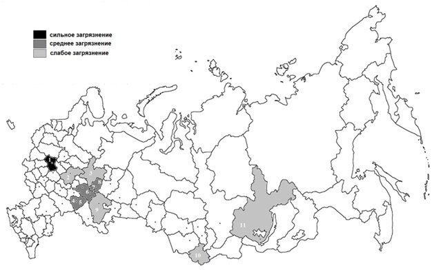 Степень загрязненности районов произрастания Betula pendula по данным показателей стабильности развития [1-12]